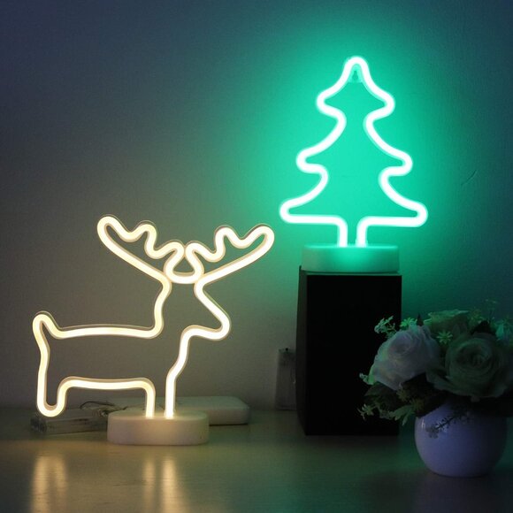 2 Packs Reindeer Tree Green Neon Wall Décor Lights USB and Battery Powered - Picture 1 of 8